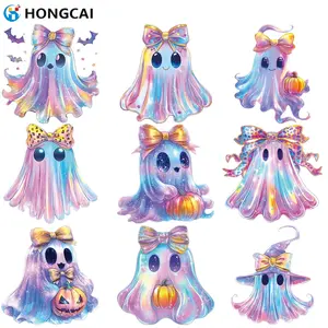 9-Piece Halloween Ghost Pumpkin Iron-On Vinyl Funny Stickers, Cute Big Eye Bow Tie Design, DIY Decorations for T-Shirts, Hoodies, Bags
