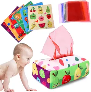 Baby Toys Montessori Tissue Box Toy for 6-12 Months - Soft Stuffed High Contrast Crinkle Infant Sensory Toy with Fruit and Fruit Designs