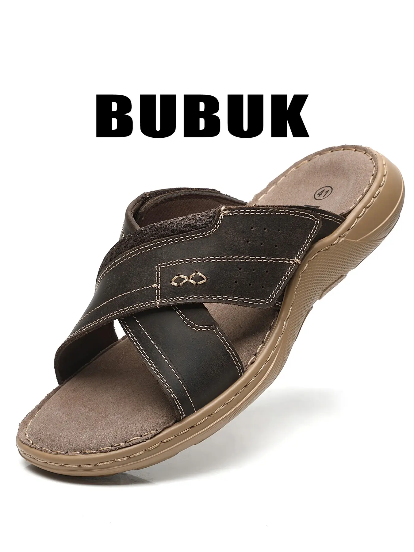 BUBUK Men's Outdoor Casual Leather Sandals, Fashionable Open Toe Design, All-Season Comfort Flat Beach Shoes, Hiking and Water Shoes