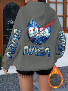 Women's Casual Sport Hoodie, Van Gogh Starry Sky Nasa Logo Print, Fall & Winter Fitted Drawstring Sweatshirt, Warm Comfortable Pullover