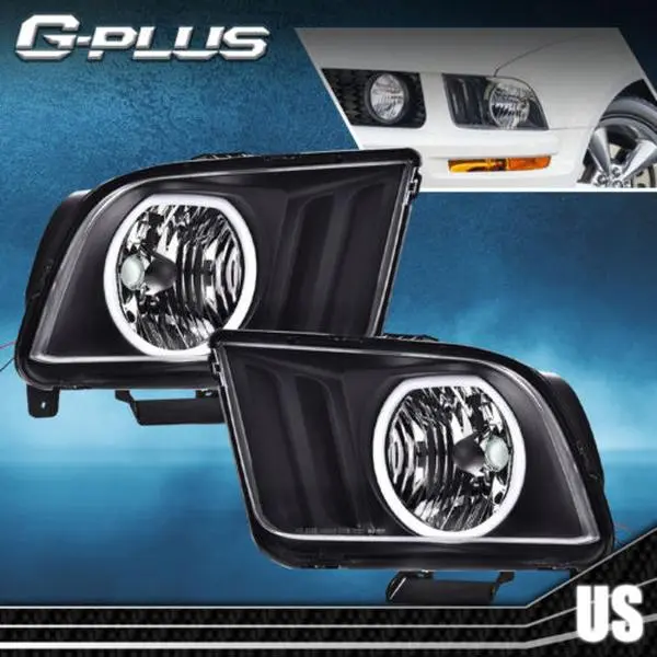 G-PLUS LED DRL Halo Headlight Assembly, Replacement Car Lights for 2005-2009 Ford Mustang, Clear/Black New Daytime Running Light Headlamps for Car Exterior Upgrade