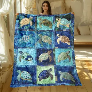 1pc Underwater Turtle Splicing Pattern Blanket | Lightweight Flannel Throw with Soft & Warm Polyester, Vibrant & Green Turtle Design, Perfect for Sofa, Bed, Machine Washable, All Seasons Use
