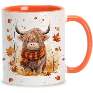Fall Highland Cow Maple Leaves Coffee Mug - Birthday Gifts For Cow Lovers - Fall Autumn Decor Gifts For Farmhouse Thanksgiving - Highland Cows Gift - 11oz White Ceramic Coffee Tea Mug Drinkware Cup