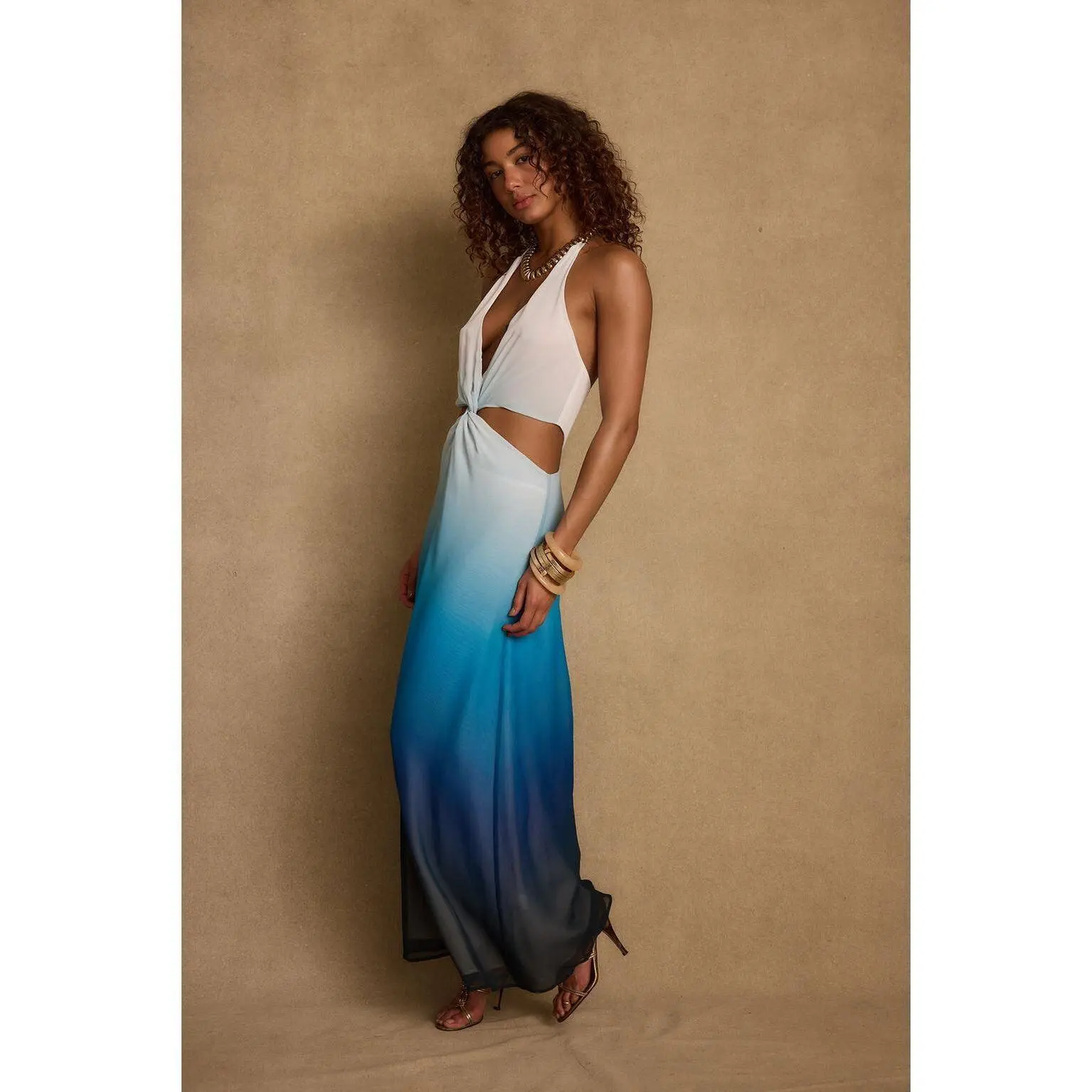 Women's Sleeveless Lapis Blue Ombre Twist Halter Maxi Dress - Maxi Length,  Stylish Halter Neck, Ombre Color Gradient, Comfortable Fit - TikTok Shop