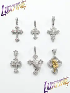 LUXFINE Iced Out Cross Pendant Necklace Set, 6 Styles of Hip Hop Cubic Zirconia Cross Charms (Pink CZ/Flower/Baguette/Praying Hand), 925 Silver Plated Religious Bling Jewelry for Men Women, Streetwear Style