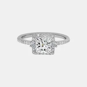 【719】"Begin Again" 3-stone Halo Set 1 Carat Princess Cut Synthetic Moissanite Ring – Classic Elegant Wedding/Engagement Ring for Women, Fashionable Anniversary/Birthday Gift