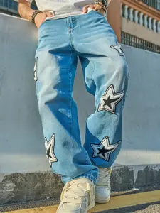 Men's High Street Loose Fit Denim Jeans, Trendy Korean Streetwear Style Embroidered Design, Washed Out Straight Leg Pants for All Seasons