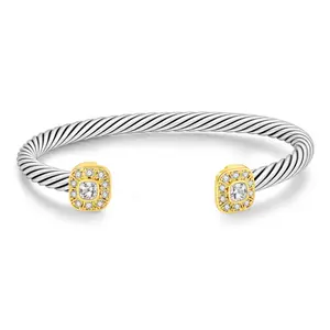 Aprilery Two-Tone Twisted Cable Cuff with Square Zircon Accents – Textured Open Bracelet with Glamorous Sparkle Trendy Jewellery Accessory