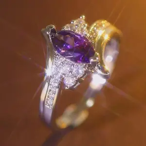 Eye Design Sparkling Silverly Tone Women Ring Teardrop Purple Gemstone Full Pavé Cubic Zirconia Elegant Statement Jewelry Engagement Marriage Promise Anniversary Ring Daily Casual Party Date Night Gift For Her Christmas New Year Valentine