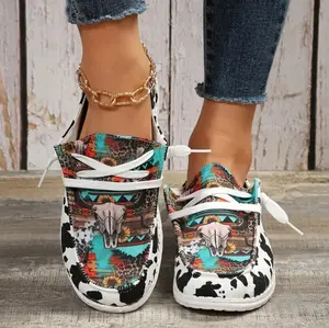 Women's Cow Pattern Canvas Shoes, Casual Lace Up Low Top Shoes, Lightweight Outdoor Sneakers