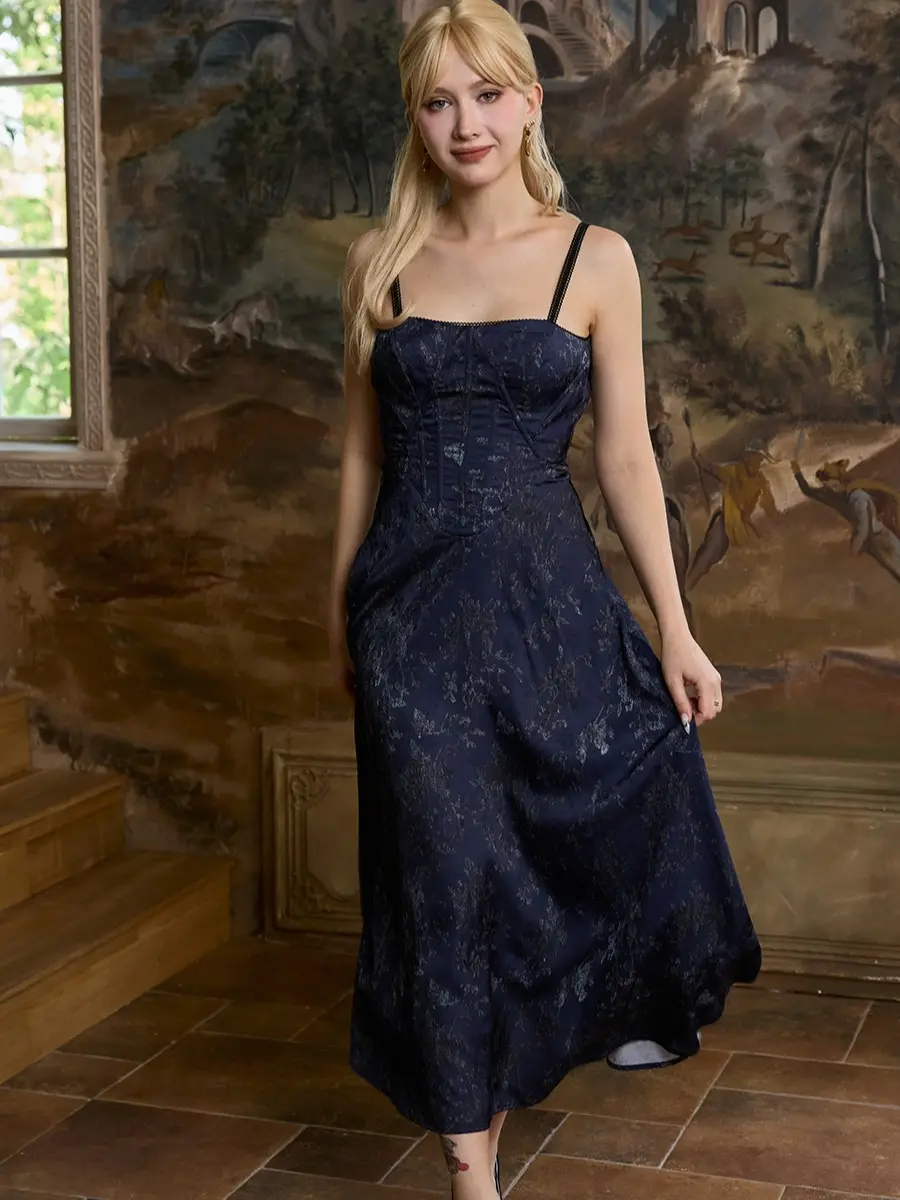 Midnight Opera Navy Blue Corset Dress | Women's Flowy Sleeveless Lurex Chiffon Maxi with Velvet Ribbon for Going Out & Summer Parties, Skirt, Basic, Night Out, Light, Outfit Of The Night, Back Zip