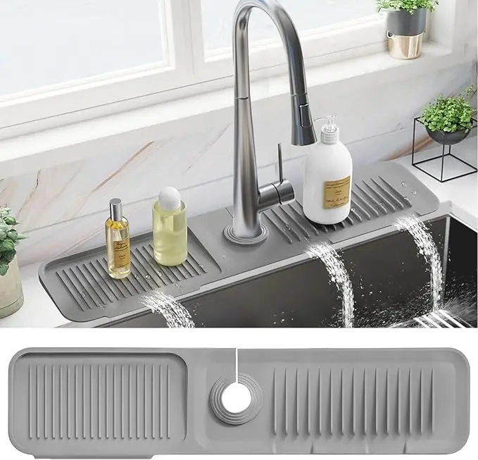 24 Inch Longer Faucet Mat for Kitchen Sink [5°Slope Fast Self-draining]Bathroom Kitchen Sink Splash Guard Silicone Sink Faucet Mat Splash Guard Kitche