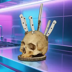 Skull Knife Block Holder, Small Knife Storage Rack for Kitchen, Scary Skeleton Head Knife Holder, Horror Party Decor (5.9IN) Halloween Gothic(No knives)