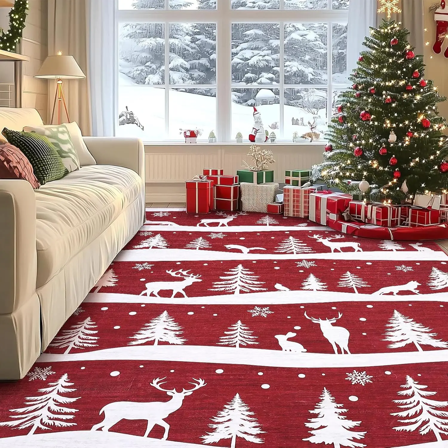 8x10 Area Rugs for Living Room, Christmas Rugs with Xmas Tree Reindeer Snowflake for Holiday Decor, Non Slip Low Pile Washable Rug for Dining Room, Bedroom, Red