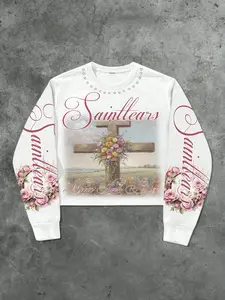 Womens american y2k retro cropped long sleeve sweatshirt white base with sainttears never look back cross and floral print rhinestone trim on the neckline and rose print on the cuffs slim fit breathable skin friendly fabric y2k style daily versatile trend