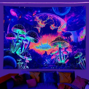 Galaxy & Mushroom Pattern Tapestry, 1 Count UV Reactive Tapestry, Creative Wall Hanging for Home Living Room Bedroom Dormitory