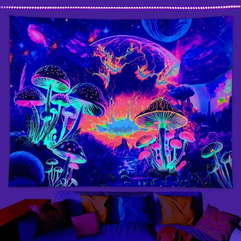 UV Reactive Galaxy & Mushroom Print Magical Trippy Tapestry - 1 Count Hippie Backdrop Tapestry, Wall Decor, Glow in the Dark Room Art for Living Room, Bedroom Home Supplies, Decoration