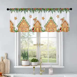 1pc Christmas and New Year printed kitchen curtains Watercolor with gingerbread houses, swee curtains valance window treatment living room bedroom home decor Home Decoration Curtain 54 x 18 inch