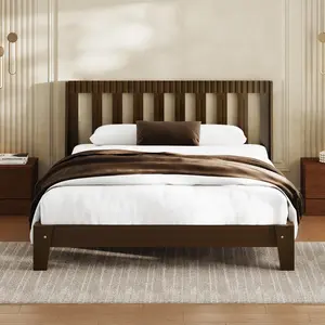 【Creators Only Offer】Queen Size Bed Frame, Mid-Century Modern Wood Platform Bed Frame with Fluted Headboard & Curved Wings, Noise-Free, No Box Spring Needed, Wood Slat Support, Easy Assembly, Walnut Brown