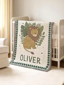 Safari Baby Blanket with Name Patchwork, Woven Cotton or Fleece Blanket, Jungle Lion Newborn Blanket, Keepsake Heirloom Gift