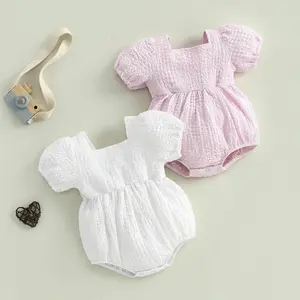 Baby Girl Bubble Romper Casual Short Puff Sleeve Square Neck Bodysuit Newborn Playsuit