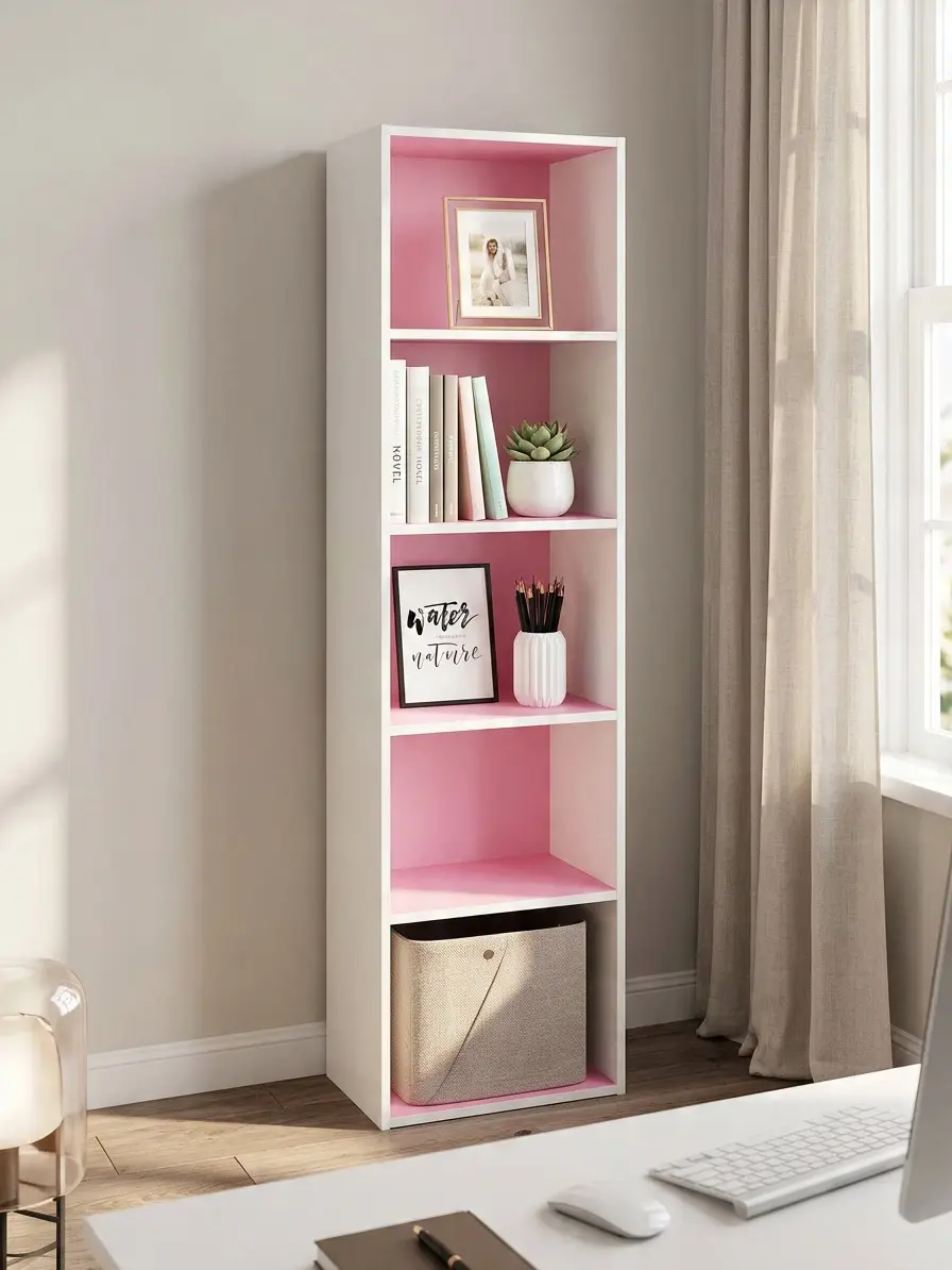 PASIR 4-Tier Modern Open Shelf Bookcase, 9x12x42 in, Book Rack for Living Room, Bedroom, Home Office, Pink/White Indoor Furniture Shelves, Bookshelf Book Rack