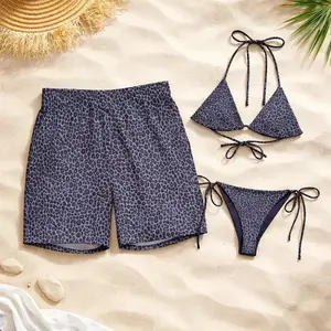 Cheetah Leopard Matching Couple Swimwear Set – Women’s Tie Side Bikini & Men’s Quick Dry Swim Shorts – Perfect Summer Beach Outfit for Couples – Gift for Her