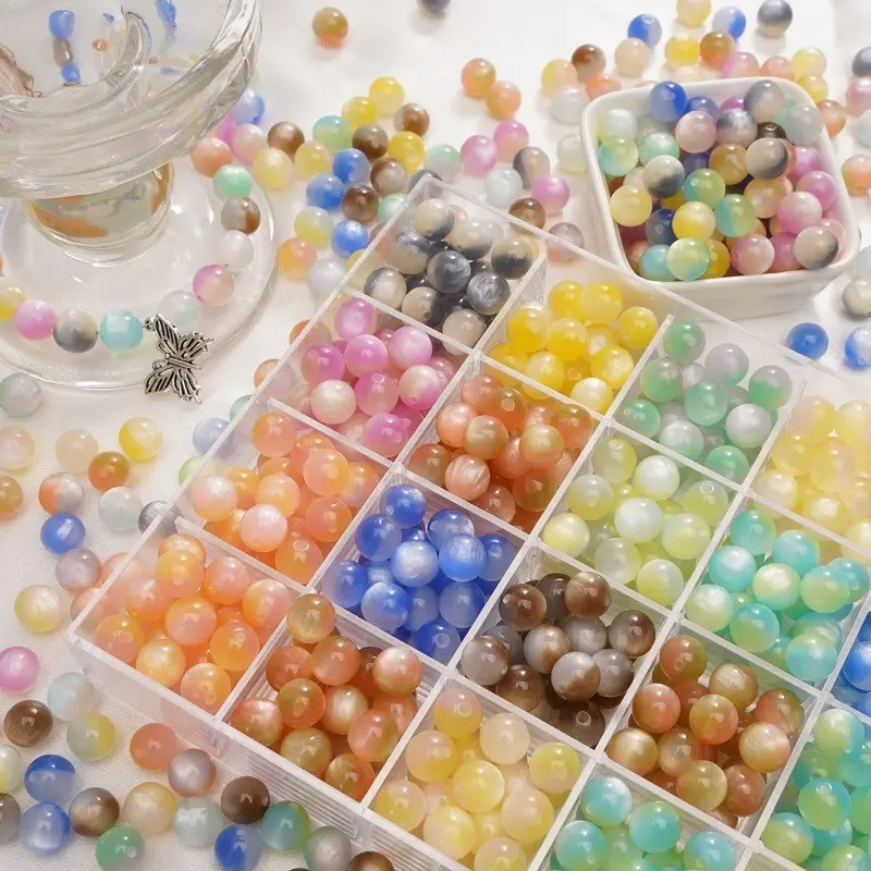 101pcs of 8mm Gradient Cat's Eye Beads, Used for Making Bracelets. Round Beads with a Three-dimensional Shape. Dazzling Golden Powder Texture. Central Hole Design. Suitable for DIY Bracelet Accessories. Creative Handmade Materials, Very Suitable