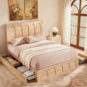 LINGMU 65" Modern Bed Frame with 52" High Arched Headboard Solid Oak Veneer Platform Bed Featuring Four Drawers Easy Velcro Installation Durable Noise-Free Design