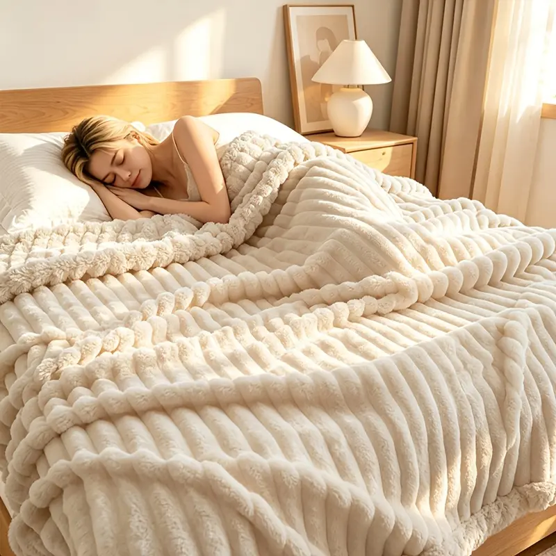 Luxury Double-Sided Faux Rabbit Fur Shawl Blanket - Striped Flannel, 3D Polyester, Soft Warm, Nap & Couch Use, Multi-Functional Bed Cover, Ideal Christmas Gift