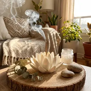 Handmade White Lotus Incense Holder - Ceramic Flower Incense Burner for Sticks, Mess-Free Zen Home Decor, Spiritual Meditation Gift, Aesthetic Room Decor