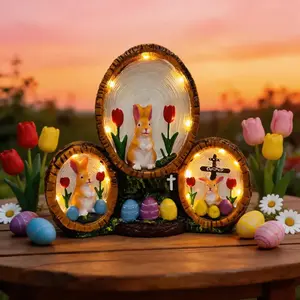 Easter Decorative Ornament, powered by 3 AAA batteries (not included), handcrafted from premium resin material, featuring a painted tulip rabbit Easter egg ornament with a Jesus cross decoration. Ideal as a gift, party decoration, Easter decor, and more.