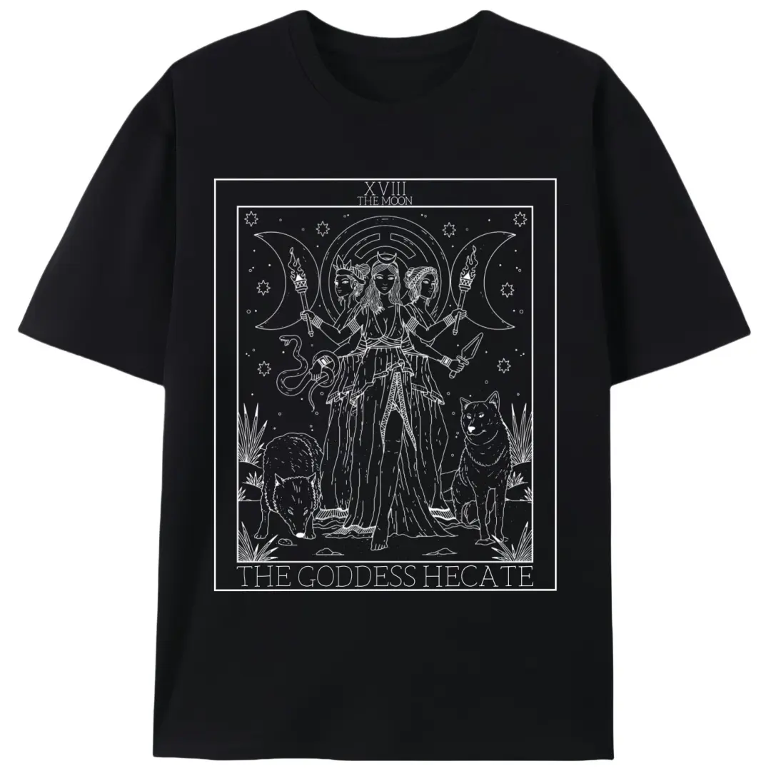 Hecate Moon Tarot Graphic T-Shirt, Unisex Heavyweight 200gsm 100% Cotton, Casual Mystical Short Sleeve Tee, Tshirt, Shortsleeve, Fabric, Menswear