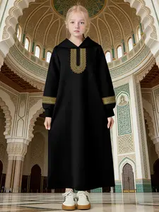 Girls' Hooded Gold Embroidered Abaya, Muslim Children Long Casual Dress, Stylish and Comfortable, Perfect for Daily Wear