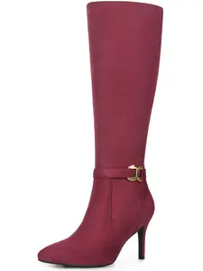 BLISSFUL STEP Women's Knee High Boots Buckle Pointed Toe Stiletto Heel Boots