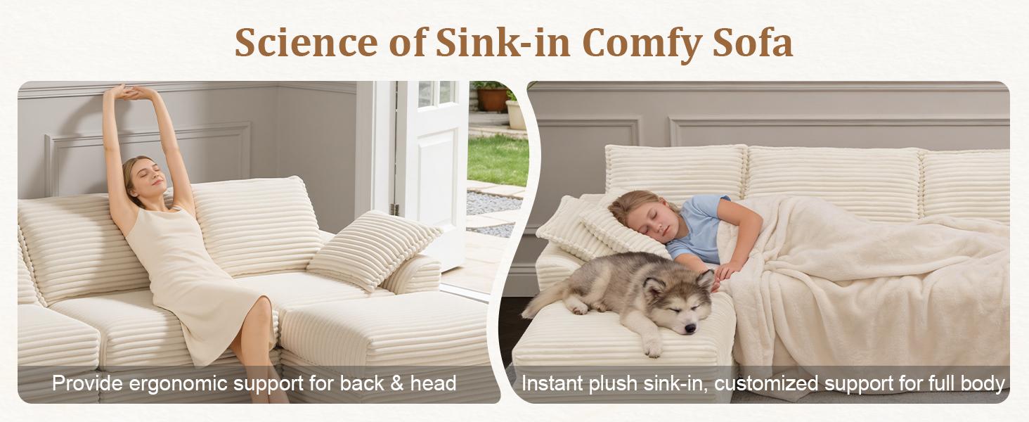 【3 Packages Shipping】NABUMI 107” Oversized Modular Sectional Sofa with Storage, Extra Deep&High Seat Corduroy Cloud Couch,  3 Seater U Shaped Couch with Ottomans, Comfy Fluffy, Free Combination, Tool-Free Assembly, Black, Beige, Dark Gray, Green