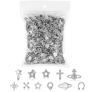 165PCS Silver Nail Charms Bulk Set with Star, Planet, Cross & More; 165 Count; Metal Alloy with Rhinestones; Mix Shape; Nail Art Accessories