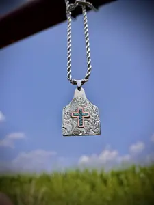 Hand Engraved Ear Tag Pendent with Turquoise inlaid cross men’s women’s jewelry