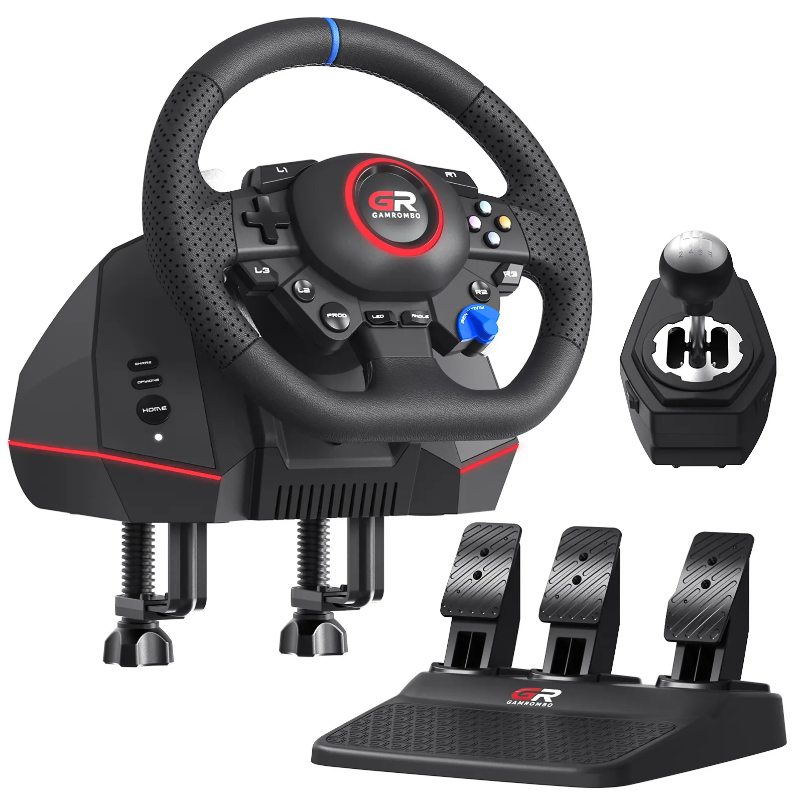 Compatible with PS5/PS4/PC 1.28cm Oversized Racing Wheel with Hand-Stitched Leather, 270°/900° Angle Adjustable, Force Feedback, Hall-Effect Pedals, RGB Lighting, Programmable Macro