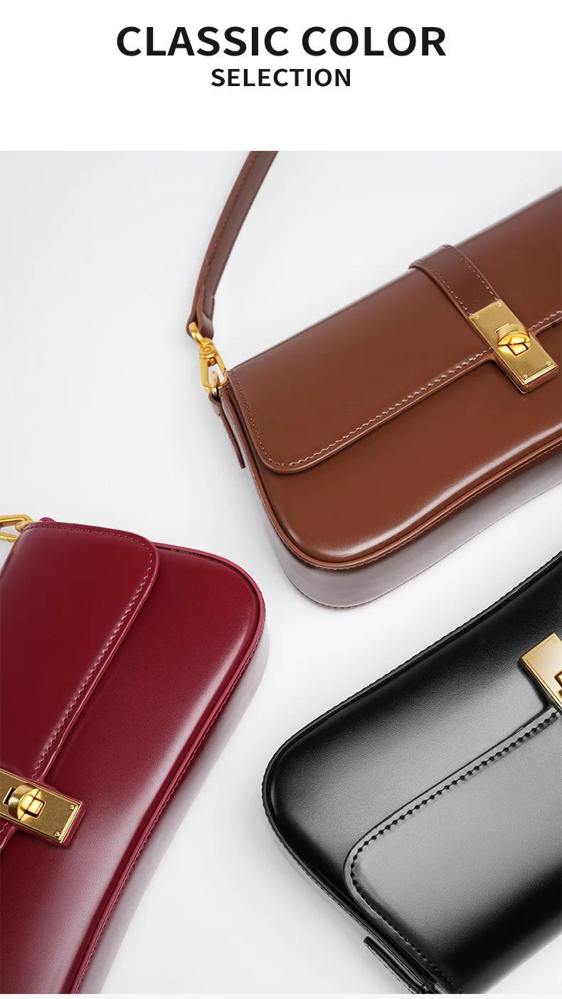 Minimalist Brown Leather Baguette Bag for Women Retro Underarm Shoulder Purse with Gold Lock