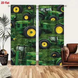 2D Flat John Deere Tractor Pattern Curtain 2-Piece Set, Green Tractors with Yellow Wheels on Grassy Floral Background, Farmhouse Style Window Curtains for Living Room Bedroom, Agricultural Machinery Themed Decor