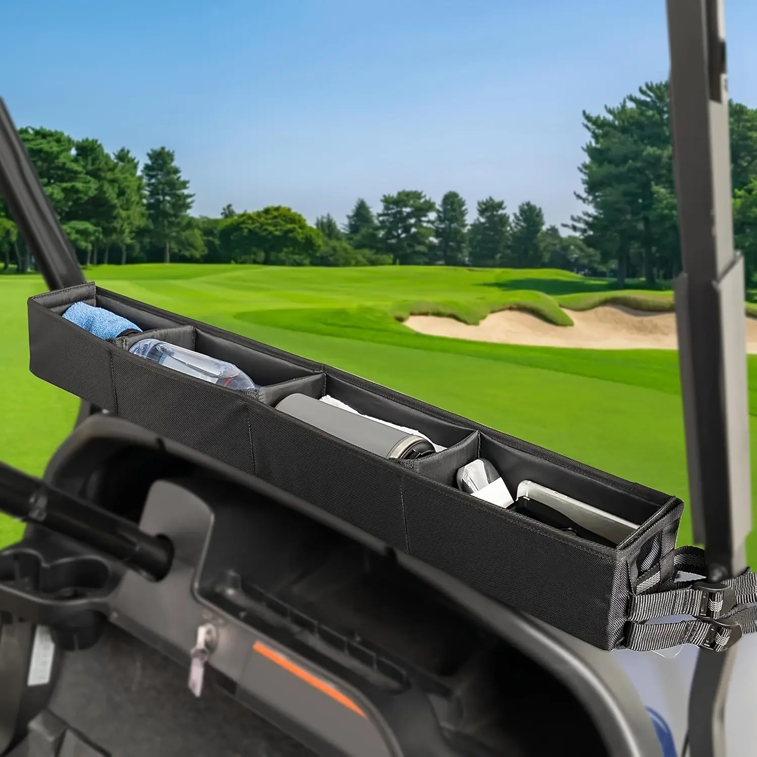 A No-Drill Front Storage Basket for Golf Carts, Featuring a Foldable Universal 1680D Oxford Fabric Storage Tray, Compatible with EZGO TXT, Club Car DS, Yamaha Drive, And Kandi Electric Golf Carts, Golf Cart Accessories