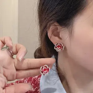 S925 Silver Needle Camellia Stud Earrings for Women, Korean Elegant Style, Chic 3D Rose Design Luxury Fashion Jewelry DZEH1404