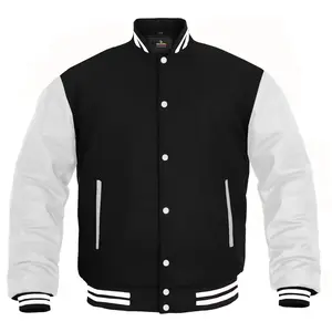 Deckra Men’s Casual Longsleeve Varsity Jacket - Menswear Top & Coat with Genuine Leather Sleeves, Wool Body, Black/White Color Options, Longsleeves
