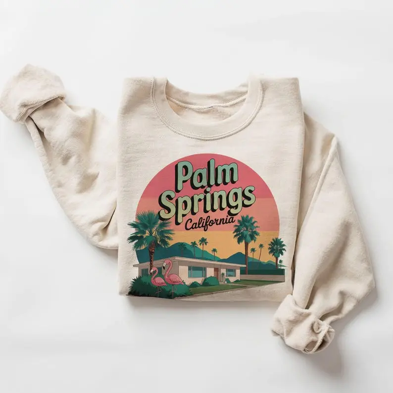 Vintage (Phuhi) Palm Springs California Sweatshirt - 60s Vintage Mid Century Modern Palm Trees Travel Destination - Boho Unisex Adult and Youth T-shirt