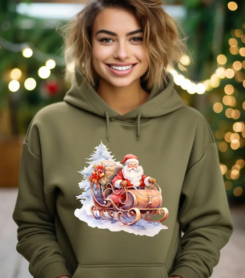 Watercolor Santa Christmas Hoodie, Vintage Santa Hoodie, Retro Christmas Santa, Holiday Clothing Women, Christmas Hoodie for Woman