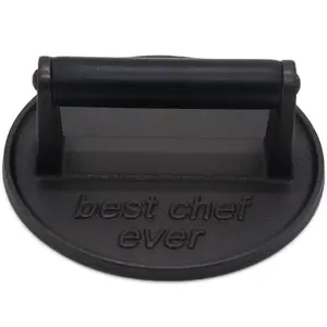 Chef Ever Heavy Duty Cast Iron Grill Press Burger Press Bacon Press Barbecue Press Meat Press Burger Smasher Round Flat Press with Anti Scalding Wooden Handle  Chef Gifts (6.5")