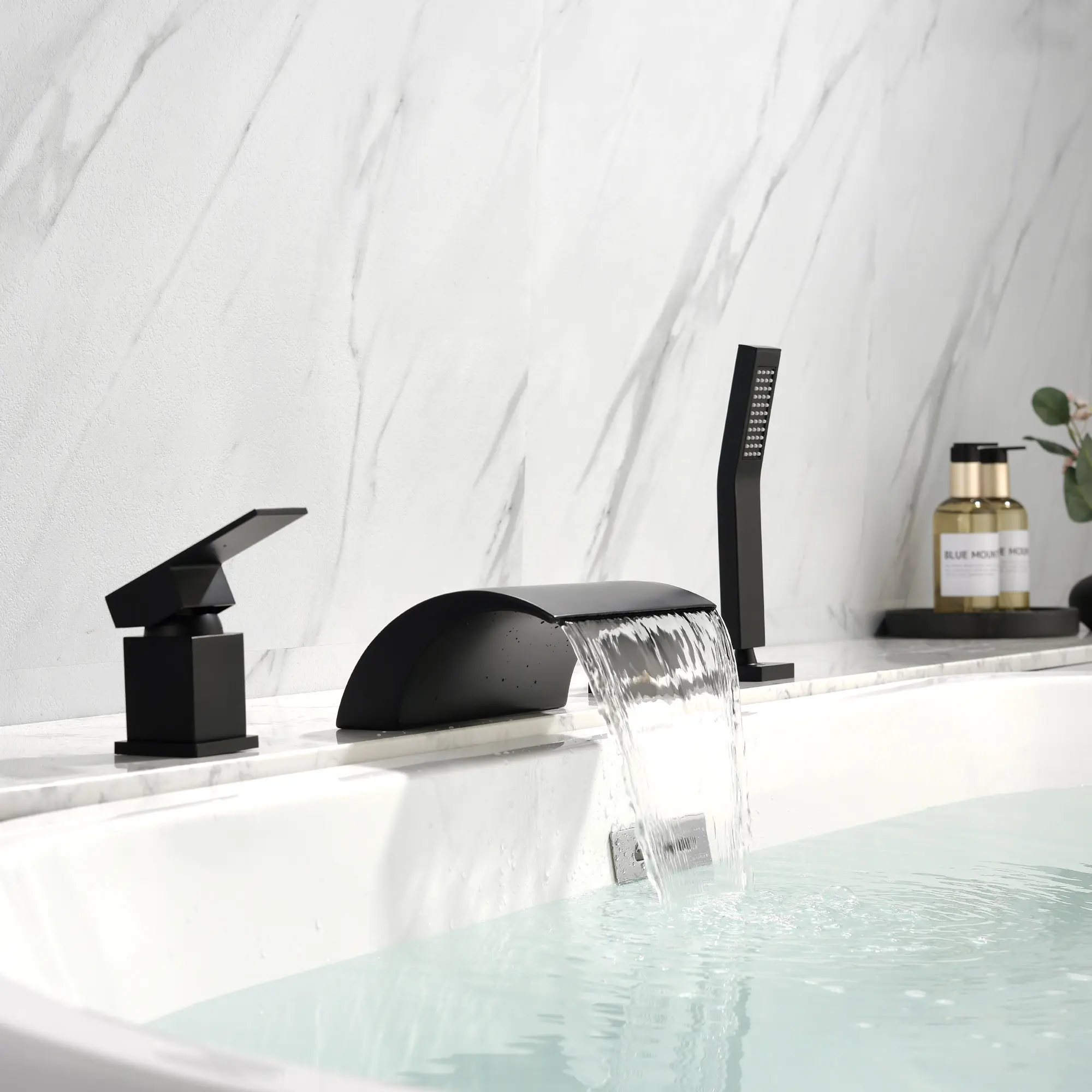 4-Hole Waterfall Roman Tub Filler with Handheld Sprayer, Single Handle Brass Bath Faucet with cUPC Certified Valve in Matte Black, Brushed Nickel, Brushed Gold Finish