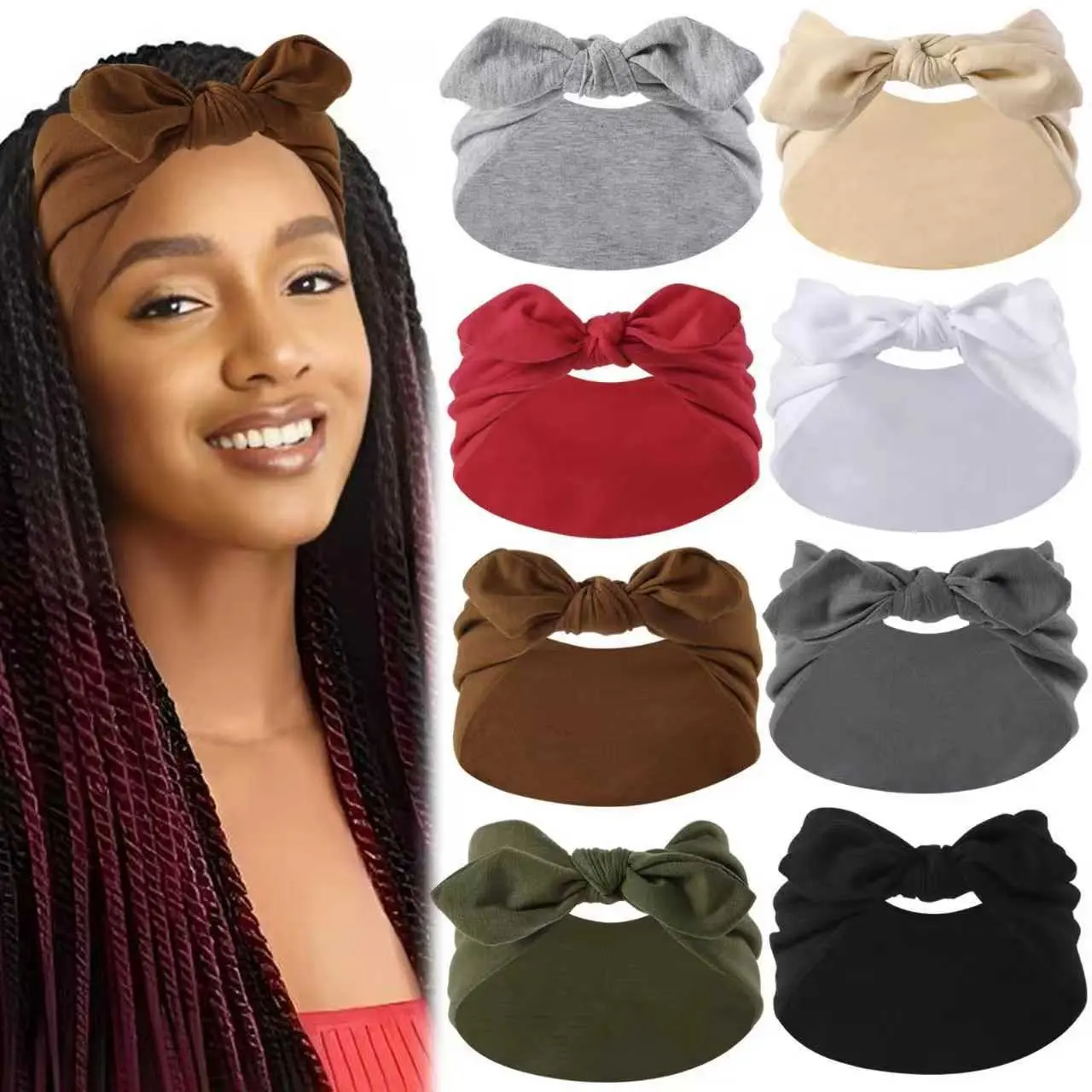 8pcs Knot Rabbit Headband Knotted Headband Combination Color Set, Solid Color Elastic Fashion Rabbit Ear Bunny Ears Bow Headband, Yoga Exercise Workout Headband, Sweat Absorbing Bundle Headband, Fashion Headbands Women