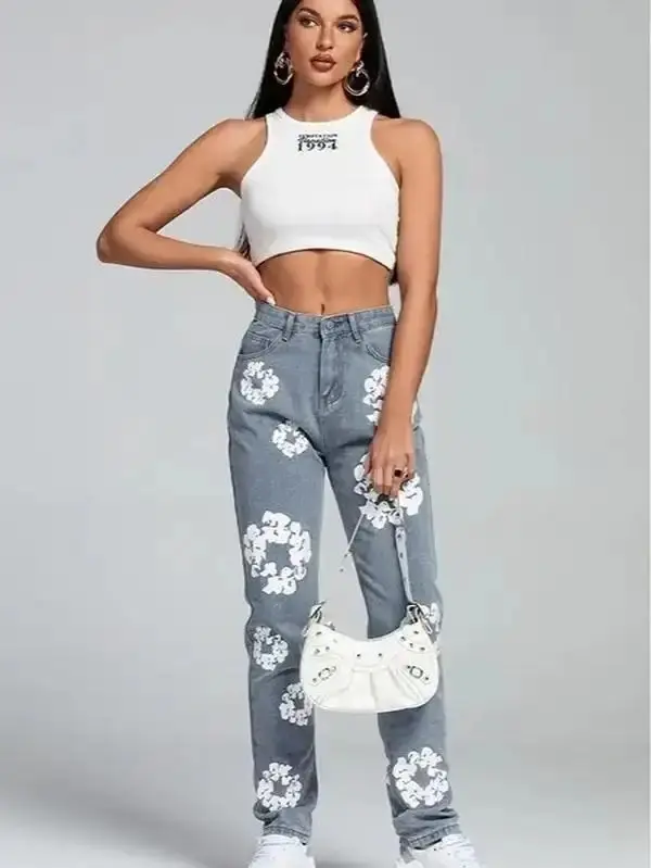 Daisy print high waisted straight Jeans Womenswear Bottom Denim Pants Casual Underwear Lady casual jean